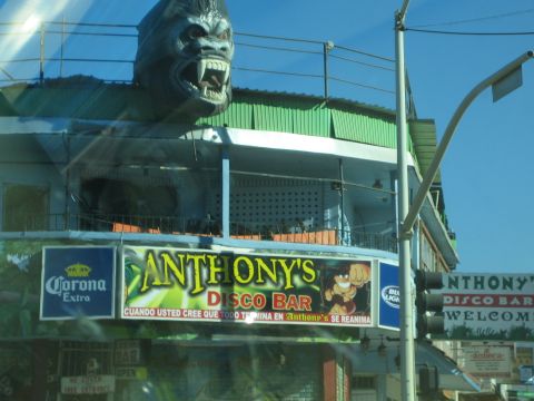 1990 Ford Bronco - street-corner building is topped by a large snarling gorilla head, with banners for Anthony's Disco Bar and Corona Extra below.