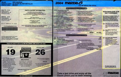 2004 Mazda 6 - Window sticker details the features and pricing for a 2004 Mazda 6.