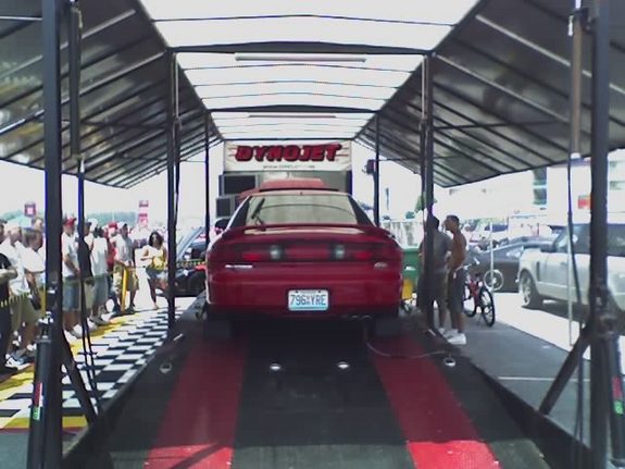 Red 1997 Ford Probe on dynamometer, rear view