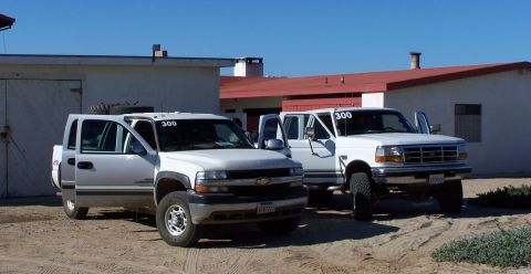1979 Ford Bronco - Two white pickup trucks are parked side-by-side in a dirt lot with buildings in the background.