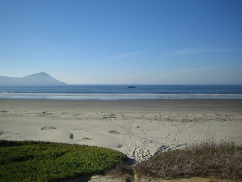 1990 Ford Bronco - broad sandy beach with tire tracks meets a calm ocean, with a pointed coastal hill in the distance under a clear blue sky.