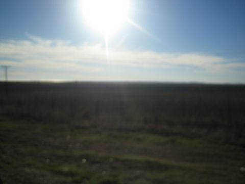 1990 Ford Bronco - out-of-focus, sun-flared view across a bare dirt field beneath a clear blue sky.