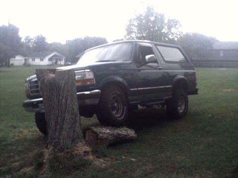 1996 Ford Bronco - A dark SUV is parked on a grassy area with a tree stump in front of it.
