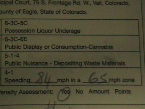 1996 Ford Probe - This document shows a speeding violation of 84 mph in a 65 mph zone.