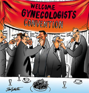 1989 Ford Bronco - A humorous cartoon depicts men attending a convention, with a banner overhead reading 'Welcome Gynecologists Convention'.