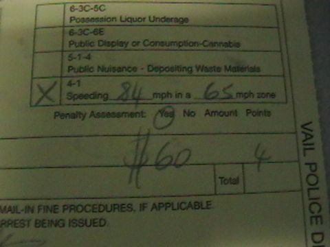1996 Ford Probe - A traffic ticket details a speeding violation, indicating 84 mph in a 65 mph zone, with a $60 fine and 4 points assessed.