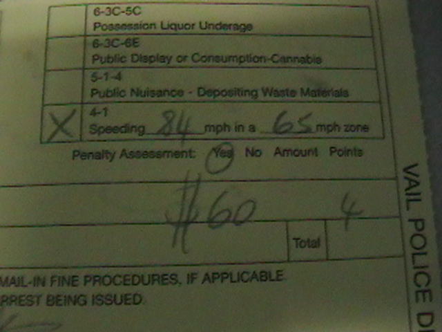 Traffic ticket with speeding violation, $60 fine, and 4 points