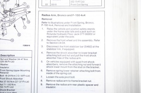 1994 Ford Bronco - This document details the removal process for the radius arm on Ford Bronco and F-150 4x4 vehicles.