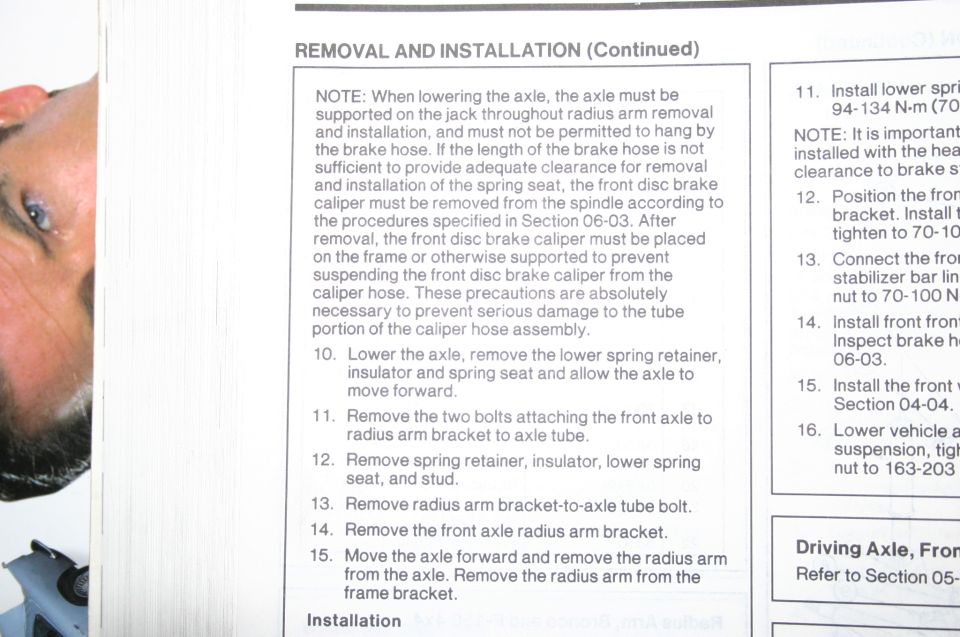 Radius arm removal and installation continued, steps 10-16 with brake hose support note
