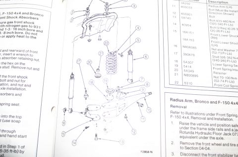 1994 Ford Bronco - Exploded parts breakdown of a Bronco/F-150 rear shock and radius-arm assembly with numbered callouts and a parts table.