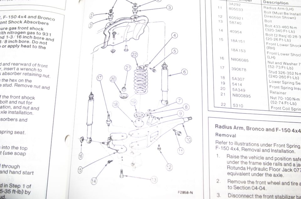 Exploded parts diagram of rear shock and radius arm assembly with numbered parts and table