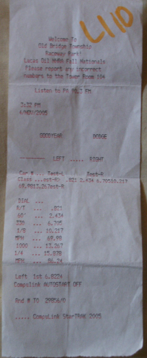 Drag-strip timeslip receipt from Old Bridge Township Raceway Park with marker number L110