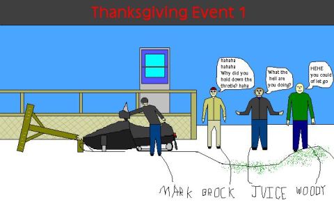 1995 Ford Bronco - Cartoon scene depicting people and a snowmobile, with dialogue in speech bubbles.