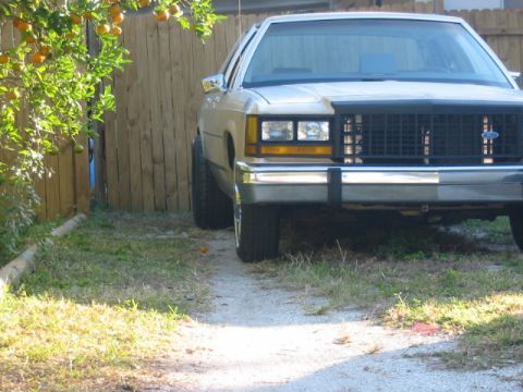 1985 Ford LTD Crown Victoria - Front view of a 1985 Ford Crown Victoria LTD parked next to a wooden fence.