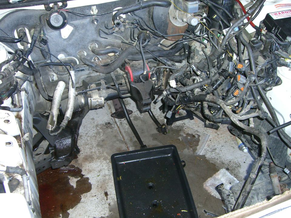 Engine bay with exposed engine components and wiring, oil pan below