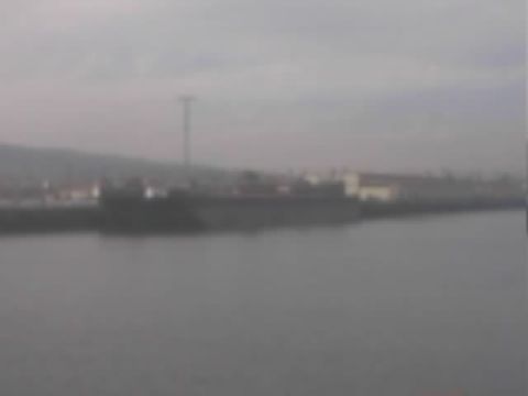 1990 Ford Bronco - dark cargo vessel sits at an industrial dockside under a gray overcast sky across calm harbor water.