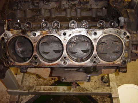 1991 Ford Bronco - Passenger side of block, with head gasket still in place. Both block drain plugs were stripped, so we had to drain the water jackets by sip…