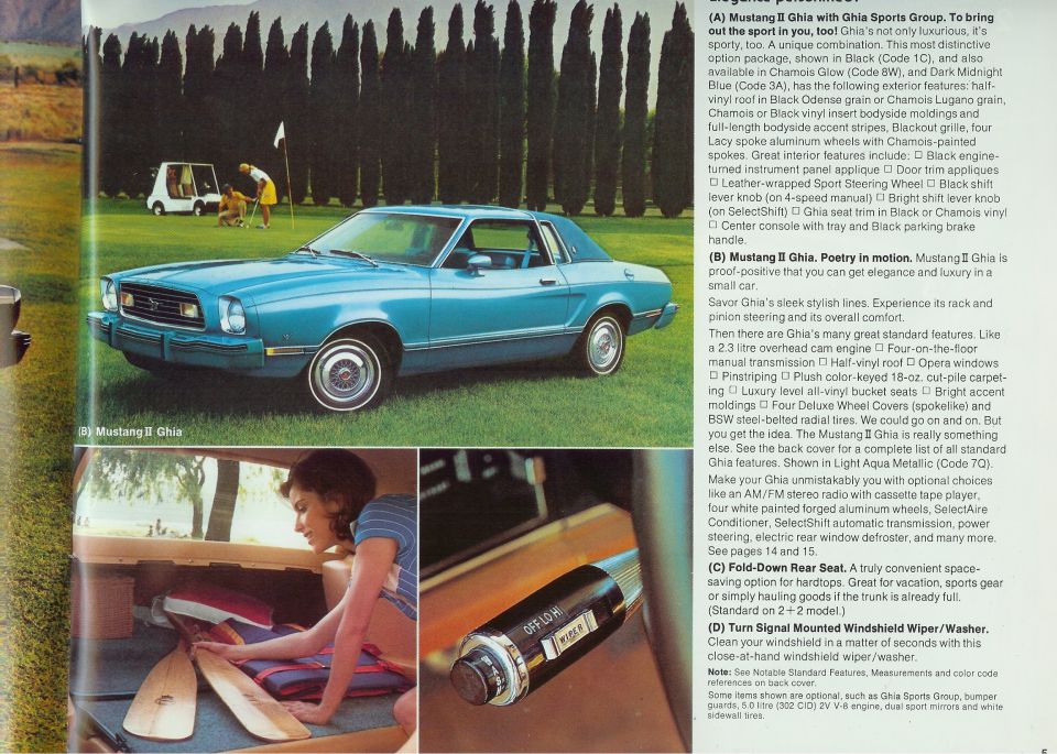 Blue 1978 Ford Mustang II Ghia coupe parked on a golf course