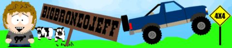 1993 Ford Bronco - Cartoon scene with a character, cows, a sign, and a lifted pickup truck.