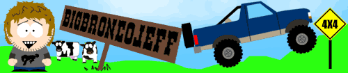 Cartoon character with a "BIGBRONCOJEFF" sign, cows, and a blue lifted pickup truck with a 4x4 sign