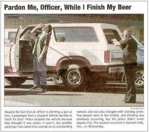 1986 Ford Bronco - A scanned newspaper clipping headlined "Pardon Me, Officer, While I Finish My Beer," showing a white full-size Bronco-style SUV on chrome w…