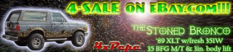 1989 Ford Bronco - Web banner graphic on a green sparks background advertising a lifted full-size Ford Bronco SUV in camouflage paint, cut out in side profile…