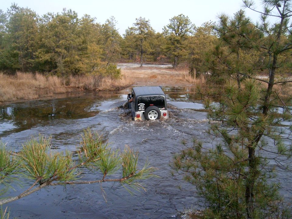 Jeep Wrangler driving through shallow water, trees and brush in background