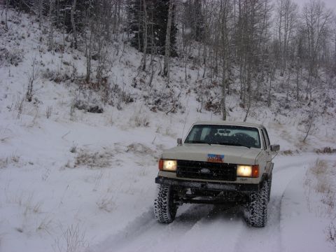 1987 Ford Bronco - A 1987 Ford F-Series truck navigates a snow-covered road through a wooded area.