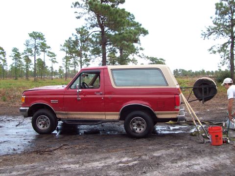 1989 Ford Bronco - Red 1989 Ford Bronco with a spare tire mounted externally on the rear.