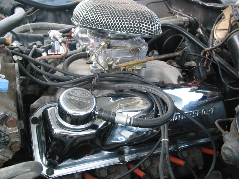 Ford Motorsport chrome valve cover and air cleaner assembly on V8 engine
