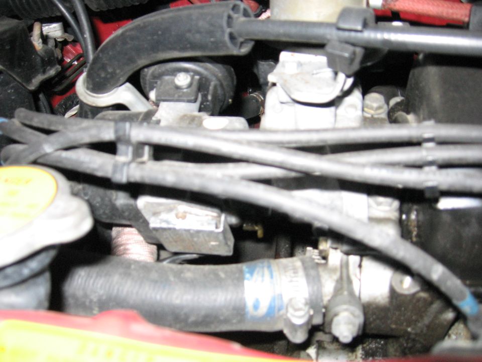 Close-up of engine bay hoses and wiring, some with blue markings