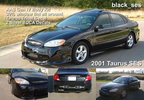 1993 Ford Taurus - A black sedan is shown with a body kit and tinted windows, with text indicating it is a 2001 Taurus SES.