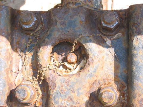 1985 Ford F-350 - This heavily rusted metal component, large bolts and some dried plant matter, is not identifiable as a 1985 Ford F-350 part.