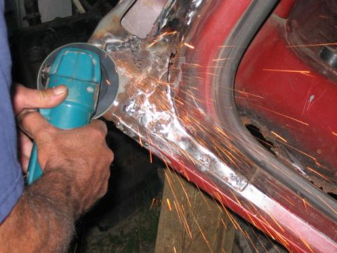 1985 Ford F-350 - Rust repair in progress on a vehicle door frame.