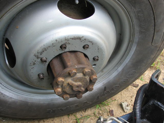 Front wheel hub and Goodyear radial tire on a 1985 Ford F-350