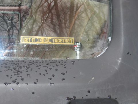 1985 Ford F-350 - A sticker with text is affixed to a vehicle's window, reflecting trees and sky.