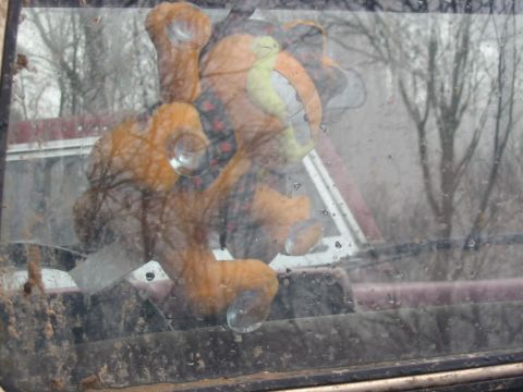 1985 Ford F-350 - A teddy bear is attached to the inside of a vehicle's windshield.