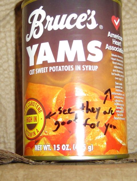 1986 Ford Bronco - A can of Bruce's Yams with a handwritten note that says 'see they are good for you'.
