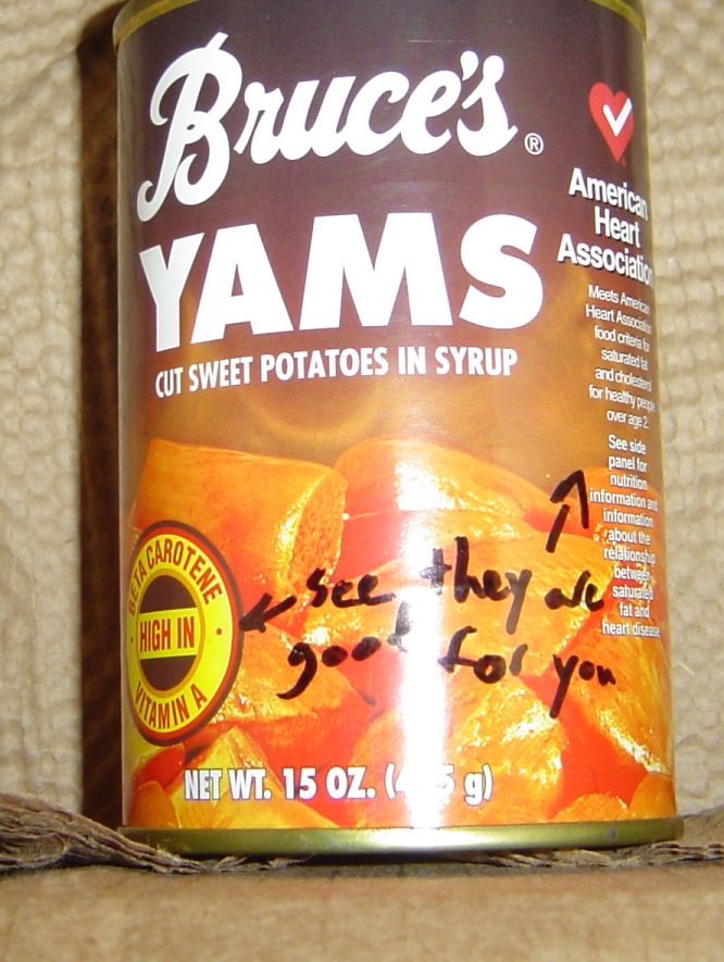 Can of Bruce's Yams with handwritten note