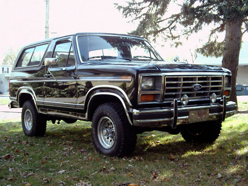 Black Ford Bronco SUV, 3/4 front view, parked on grass under a tree