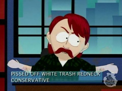 1997 Ford Crown Victoria - An animated character is shown with a text overlay describing them as a 'PISSED OFF WHITE TRASH REDNECK CONSERVATIVE'.