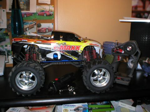 1993 Chevrolet S10 - This is a remote control monster truck, not a 1993 Chevrolet S10, with "E-MAXX" graphics visible on its side.