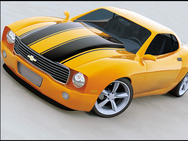 Yellow concept car with black racing stripes on hood and roof