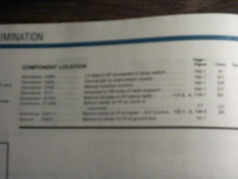 1991 Ford LTD Crown Victoria - Blurry close-up snapshot of an open wiring/service manual page under a blue header rule ending in "...UMINATION," showing a "COMPONENT LOCA…