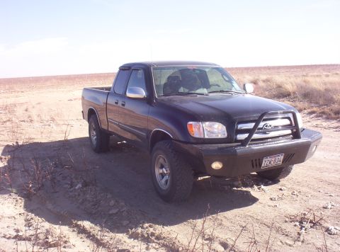 2003 Toyota Tundra - 2003 Toyota Tundra pickup truck with custom front bumper and brush guard on a dirt road.