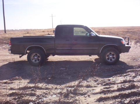 2003 Toyota Tundra - A dark pickup truck is parked on a dirt road with dry grass and brush in the background.