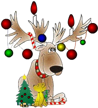 1972 Ford Ranchero - A festive cartoon reindeer is decorated with Christmas lights and ornaments, sitting beside a decorated Christmas tree and wrapped gifts.