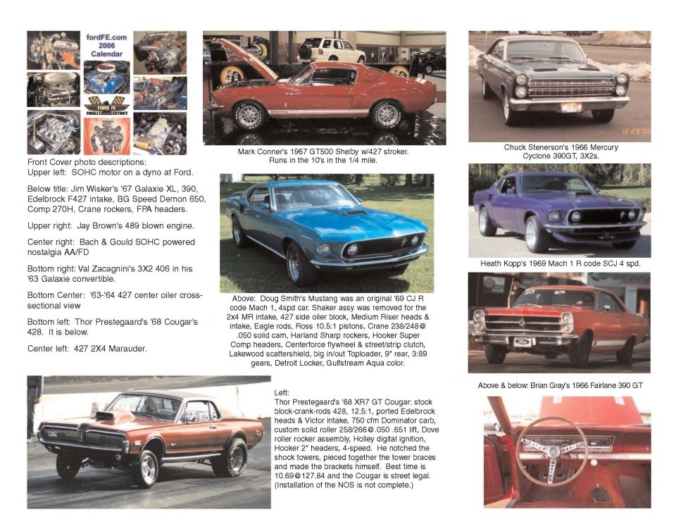 Scanned fordFE.com 2006 calendar page with photos of Shelby GT500, Mustangs, Cougar, Cyclone and Fairlane plus text captions