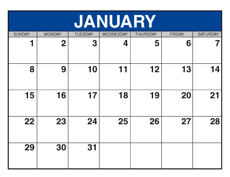 Blank January calendar grid with blue header on white background