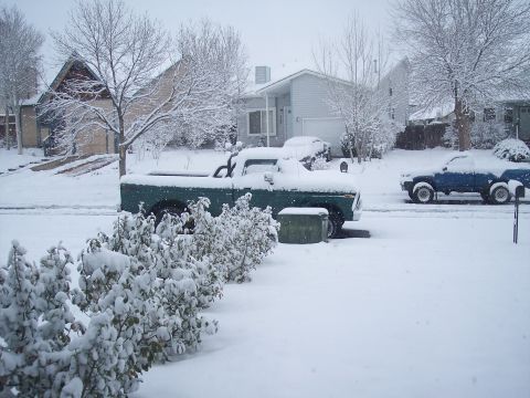 1972 Ford Ranchero - Two pickup trucks are covered in snow on a street with houses in the background.